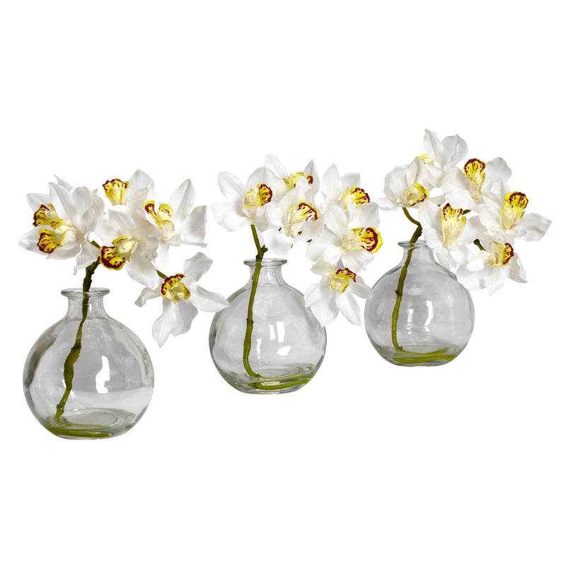 Nearly Natural Cymbidium with Vase Silk Flower Arrangement (Set of 3) - Image 2